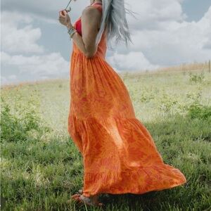 Free people Orange Floral Print with crochet neckline and back XS